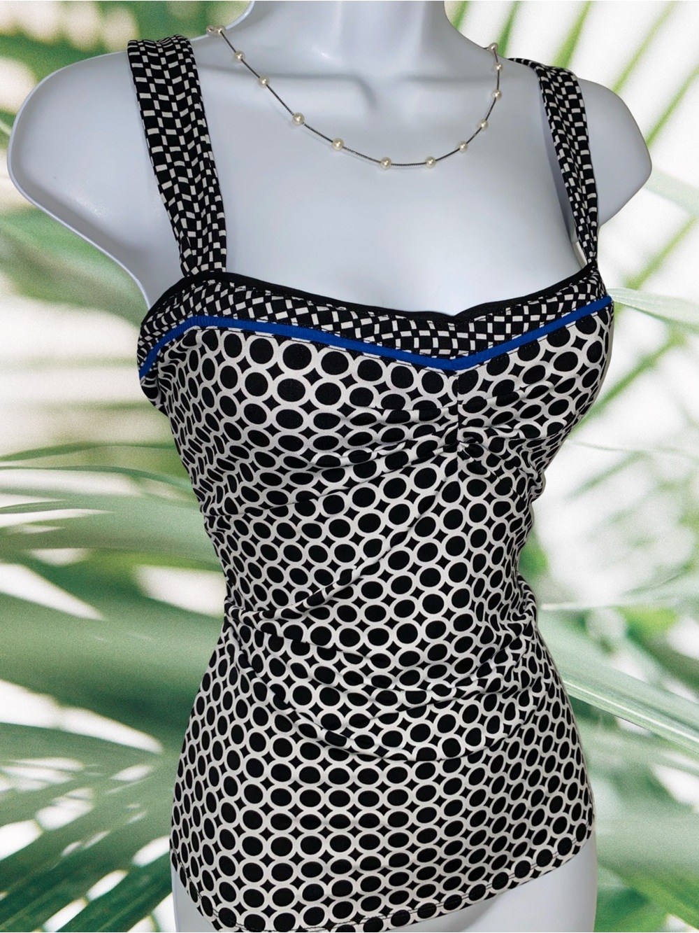 White House Black Market Black & White Polka Print Tank with Blue Trim, Size Med